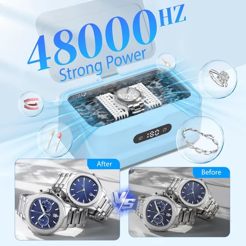 Vista 4 de Limpiador ultrasónico de joyas: limpiador de anillos de 48 Khz Máquina ultrasónica con temporizador digital, 4 modos de limpieza, limpiador sónico