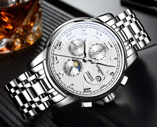 Vista 2 de CARNIVAL Reloj de lujo para hombre, mecánico automático, de acero inoxidable, cristal de zafiro, impermeable, para hombre
