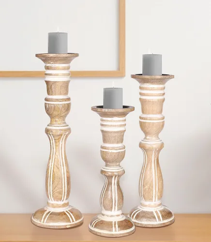 Vista 9 de Juego de 3 candelabros de pilar de madera de granja - Portavelas altos rústicos hechos a mano para decoración del hogar, centros de mesa, bodas