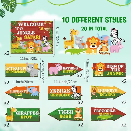 Vista 3 de 20 carteles de fiesta de safari con texto en inglés "Welcome to Jungle Safari", decoraciones de fiesta temática de animales salvajes, letreros