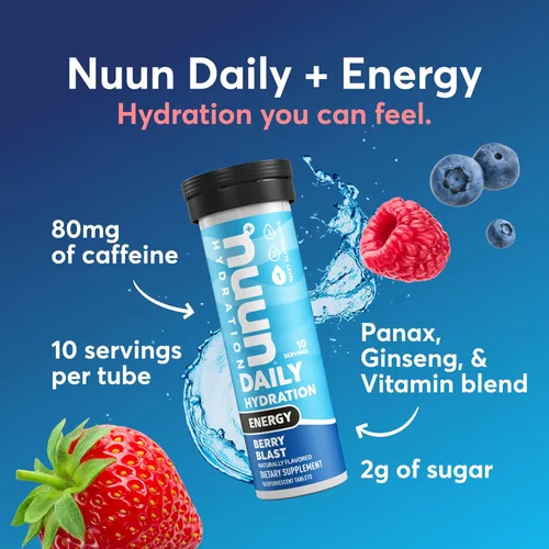 Vista 2 de Nuun Energy - Tabletas de electrolitos sabor Berry Blast, paquete de 8 (80 porciones) con ginseng, cafeína del extracto de té verde, vitamina B12