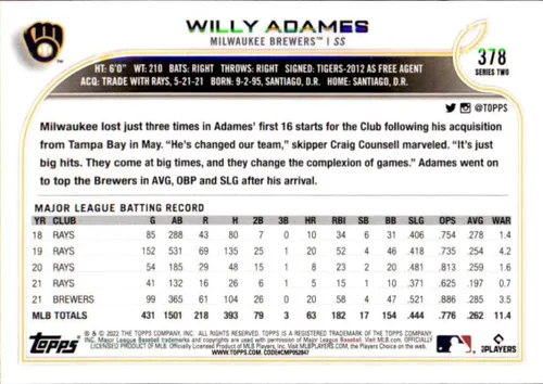 Vista 2 de Cerveceros Willy Adames NM-MT 2022 Topps #378