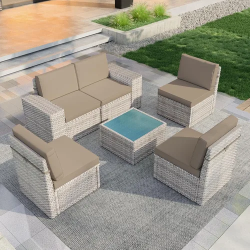 Vista 2 de Juego de muebles de patio de 6 piezas, sofá modular para exteriores con reposabrazos anchos, sofá de grupo de asientos de mimbre con mesa auxiliar