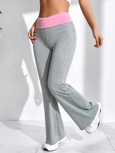 Vista 3 de MakeMeChic Pantalones de pierna acampanada con cintura elástica y bloques de color para mujer