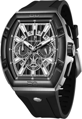 Vista 20 de Paras Crown Watches for Men Tonneau 5ATM Waterproof Quartz Luxury Chronograph Analog Men's Wrist Watches Stainless Steel Case Mens Watches Negro