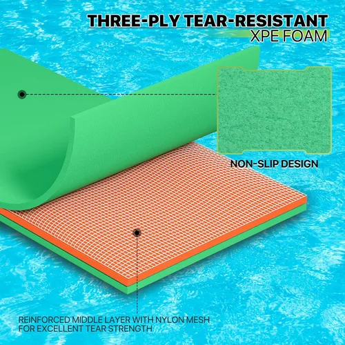 Vista 6 de Magshion Flotador gigante de piscina de 12 x 6 pies, flotador de isla para lago, tapete de agua familiar de espuma XPE con cordón elástico