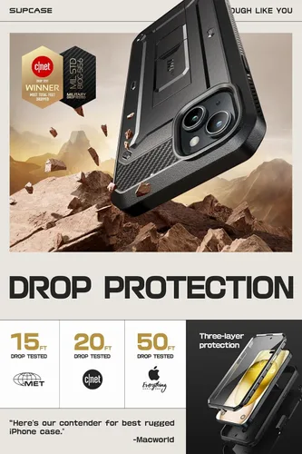 Vista 4 de SUPCASE Funda para iPhone 15 con soporte y clip para cinturón (Unicorn Beetle Pro), [protector de pantalla integrado]