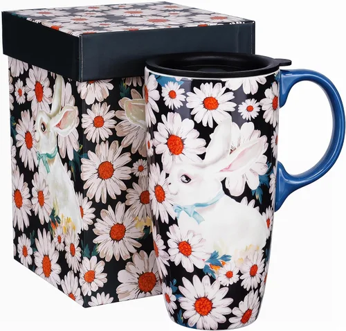 Vista 12 de DUSVALLY Taza de viaje de cerámica de 17 onzas con tapa, taza de café de arte abstracto, taza de té moderna de mediados de siglo con asa, apta