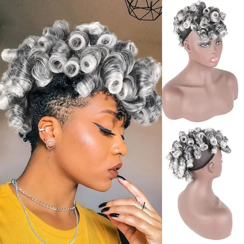 Vista 18 de Aisaide Cola de caballo afro Mohawk alta con flequillo sin cordón, extensión de cola de caballo corta rizada sin cordón, clip sintético en moño