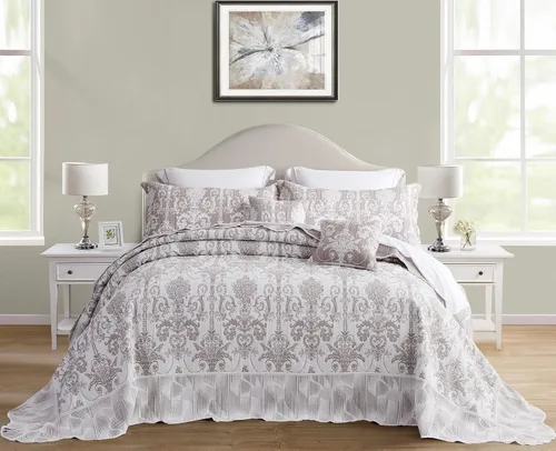 Vista 4 de Edredón extragrande para cama King, diseño de patrón damasco matelasse de jacquard, ligero, reversible, 5 piezas, 100% microfibra, pasta de frijol