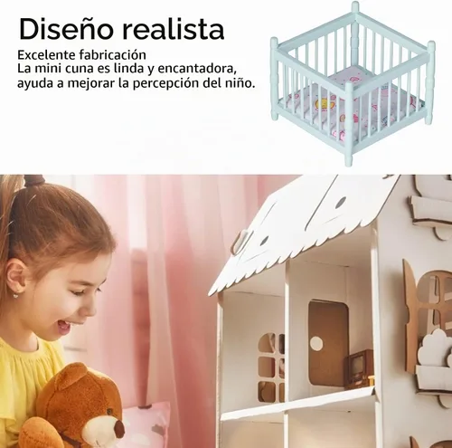 Vista 2 de Casa de muñecas de madera a escala 1:12, cama de bebé, casa de muñecas en miniatura, mini accesorios de muebles con colchón cama cuadrada, regalo