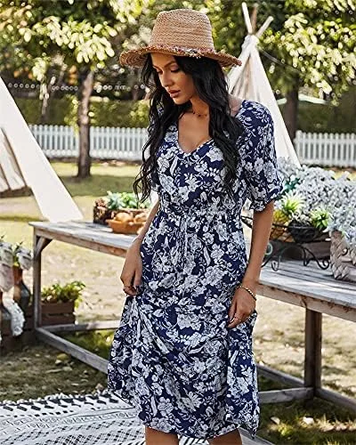 Vista 4 de Vestido casual de manga corta con cuello en V y estampado floral para mujer, con cintura y dobladillo plisado suelto con dobladillo de hoja de loto