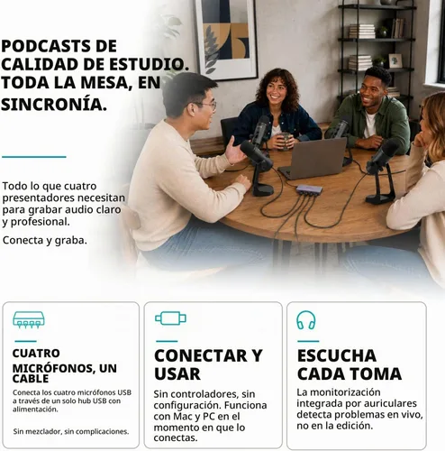 Vista 2 de Movo - Paquete de equipo de podcast USB para 4 personas, 4 micrófonos de condensador, Hub y estuche Negro