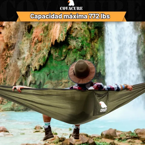 Vista 2 de COVACURE Hamaca de camping – Hamaca portátil de capacidad de 772 libras con correas de árbol, hamaca de viaje de nailon de paracaídas duradera