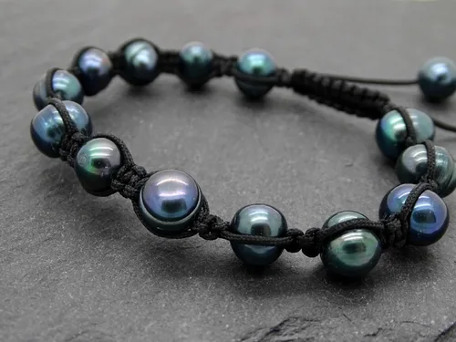 Vista 9 de Pulsera ajustable de perlas de pavo real negro para hombres y mujeres, regalo único
