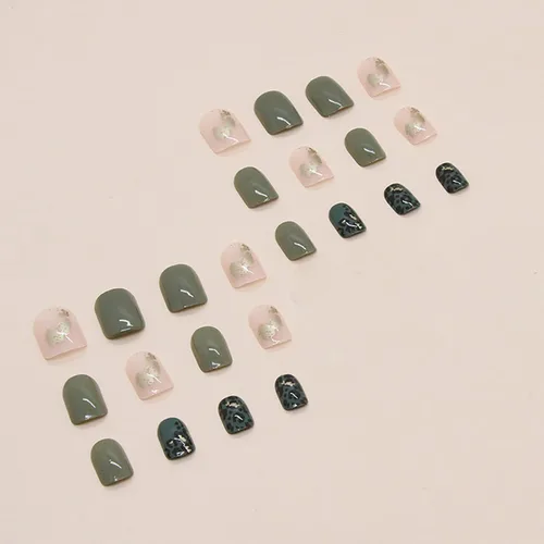 Vista 4 de Uñas postizas a presión ataúd de longitud corta, 24 piezas de cobertura completa, reutilizables, brillantes, uñas postizas con pegamento, uñas