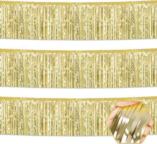 Vista 21 de Paquete de 3 guirnaldas largas de flecos metálicos de aluminio negro dorado para colgar en la pared, Día de la Madre, Pascua, flotadores de desfile
