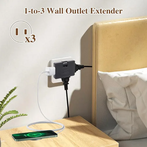 Vista 2 de Adaptador extensor de salida de pared de 3 vías plano - Paquete de 2 Adaptador de enchufe plano giratorio de 180 grados AC, extensor de salida