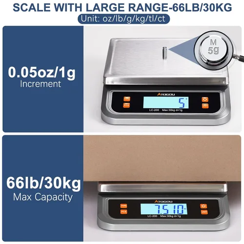 Vista 2 de Atogou Báscula de alimentos de 66 libras, báscula de cocina comercial enchufable con pantalla LCD de vista completa, acero inoxidable, para hornear