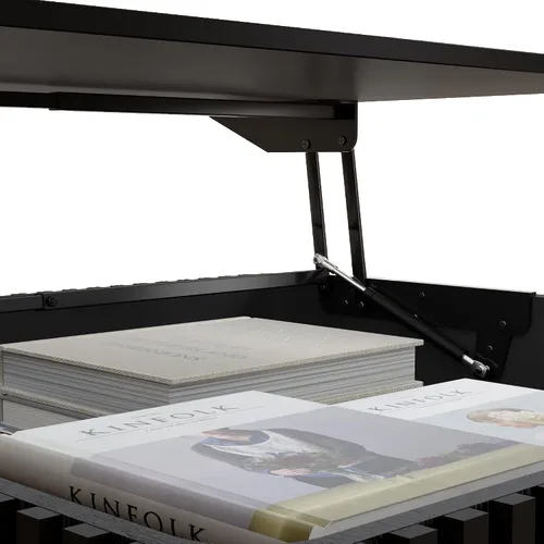 Vista 8 de Mesa de café cuadrada negra con tapa elevable, mesa de café con sistema de elevación inteligente con almacenamiento para sala de estar, mesas