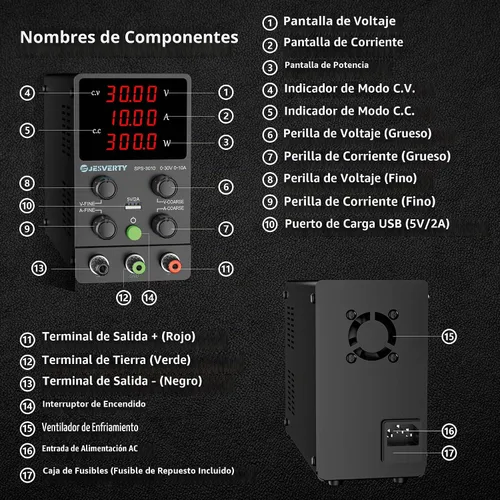 Vista 3 de Fuente de alimentación de CC variable, 0-30V 0-10A Fuente de alimentación de banco regulada de CC con pantalla LED de 4 dígitos de alta precisión