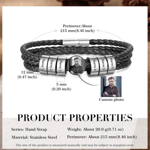 Vista 7 de Pulsera de cuero personalizada para hombre, con foto grabada personalizada, 1-6 nombres, cuentas para hombre, pulseras para padre, placa de nombre