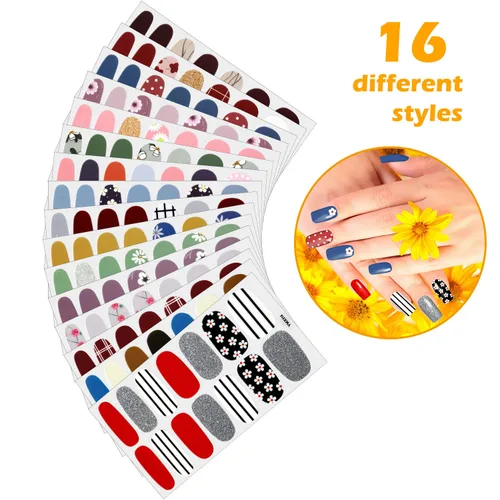 Vista 3 de Maitys 224 piezas de 16 hojas de calcomanías de uñas de envoltura completa, rayas de esmalte autoadhesivas con lima con kit de manicura