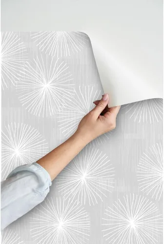Vista 3 de Spoonflower Papel tapiz autoadhesivo de 9 x 2 pies – Dientes de león gris claro Diente de león blanco minimalista Mod Circle copo de nieve redondo