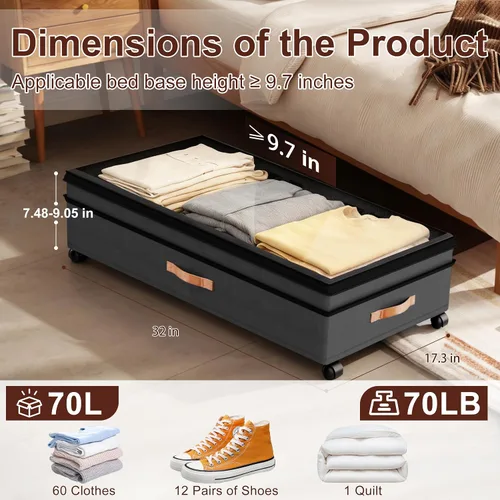 Vista 2 de Almacenamiento debajo de la cama con ruedas, paquete de 2 contenedores organizadores extragrandes de 70 litros con tapas, contenedor plegable