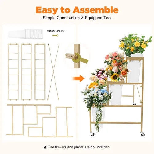 Vista 5 de Soporte de exhibición de flores de 3 niveles con 12 cubos, soporte de metal para plantas con ruedas, estante de exhibición de flores móviles de alta