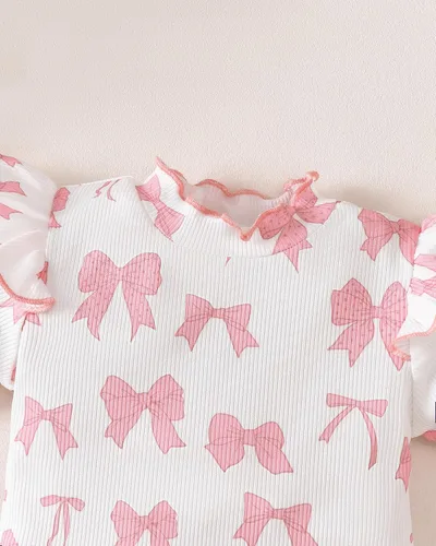 Vista 8 de SUNNY PIGGY Ropa para bebé recién nacida, 4 piezas, lindos trajes de otoño Rosa (Bow Pink)