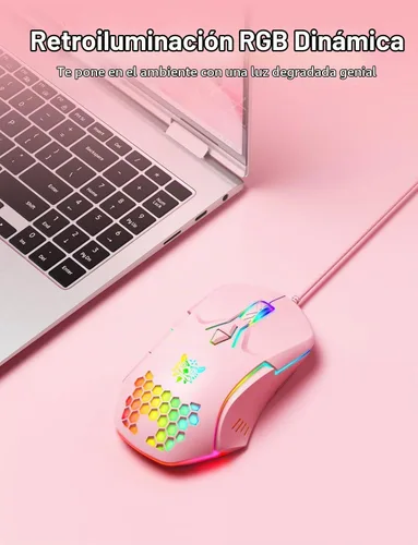 Vista 2 de Ratón con cable USB, ratón de ordenador con iluminación RGB, 4 DPI ajustables, ratón óptico ergonómico de oficina, 7 botones con cable para Rosa