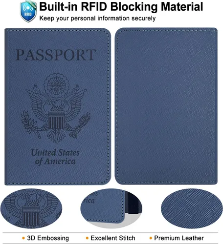 Vista 5 de RSAquar Soporte para pasaporte para mujeres y hombres, de piel sintética de alta calidad, cartera de pasaporte de viaje, con bloqueo RFID, cubierta