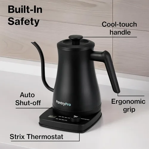 Vista 3 de Hervidor Eléctrico de 1.0 L de 1500 W con Pico de Ganso - Interior de Acero Inoxidable - Ebullición Rápida - Apagado Automático, Protección Contra