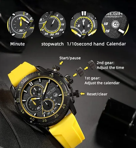 Vista 7 de MEGIR Reloj de pulsera de cuarzo con cronógrafo y correa de silicona para hombre, con fecha automática, manecillas luminosas, 3 ATM, impermeable