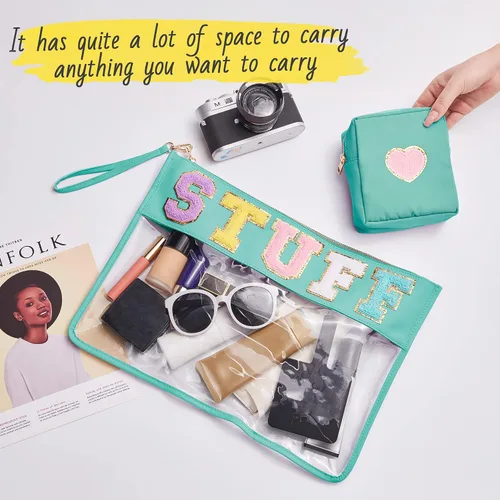 Vista 5 de Bolsa con letras de chenilla para viajes, A-Verde menta, Bolsa de maquillaje transparente a