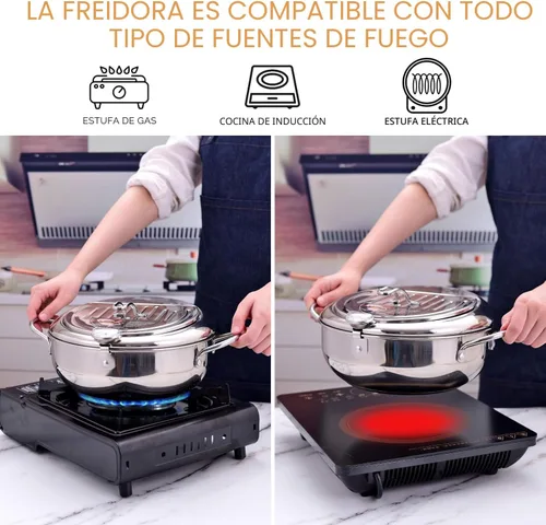 Vista 3 de cuomaop Olla para freidora, olla japonesa de acero inoxidable 304 con drenaje de aceite, control de temperatura y tapa, olla Tempura para cocina