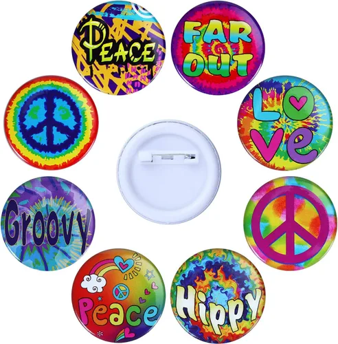 Vista 2 de 48 piezas de botones hippie retro botones pin 60's fiesta hippie accesorio de disfraz