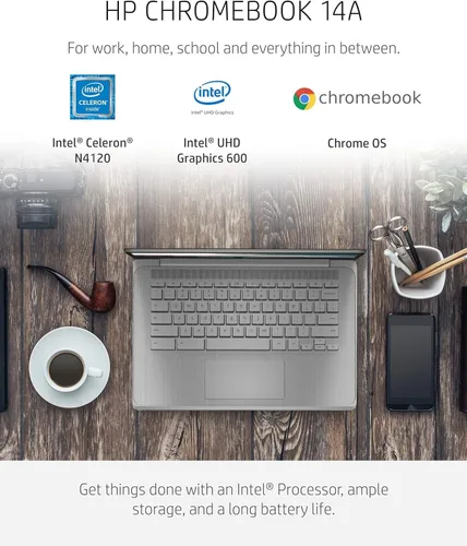 Vista 2 de HP Computadora portátil Chromebook, PC con pantalla HD de 14 pulgadas, Intel Celeron N4120 Quad-Core, 4 GB DDR4 RAM, 64 GB eMMC, USB-C, Wi-Fi 5