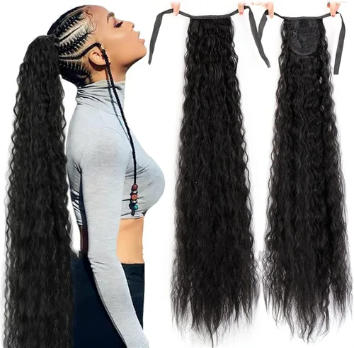 Vista 2 de HIHELO 1 paquete de extensiones de cola de caballo largas onduladas sintéticas naturales con cordón de extensión de cola de caballo para mujer 005