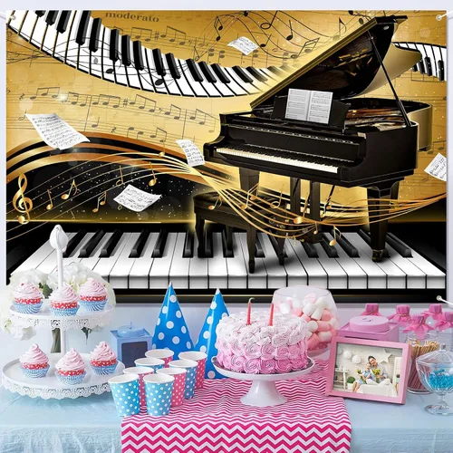 Vista 6 de Telón de fondo con tema de piano de 7 x 5 pies, notas musicales doradas, fondo de foto, tema musical, decoración de fiesta de cumpleaños, pancarta