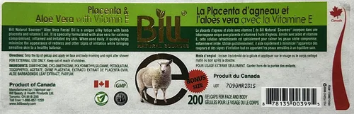 Vista 3 de Placenta de cordero y aloe vera con aceite facial de vitamina E, 200 cápsulas de gel, Bill Natural Sources