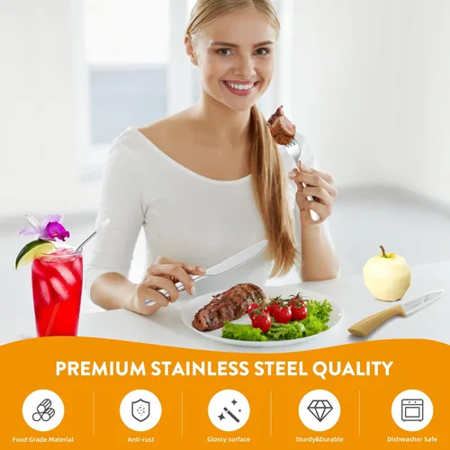 Vista 4 de Juego de cubiertos de 68 piezas con cuchillos para carne, cubiertos de acero inoxidable para 8, cuchillos, cucharas, tenedores, juego de utensilios