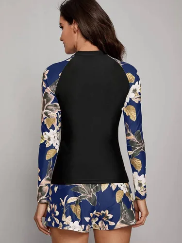 Vista 2 de MakeMeChic Traje de baño tankini de 3 piezas para mujer, traje de baño floral de manga larga