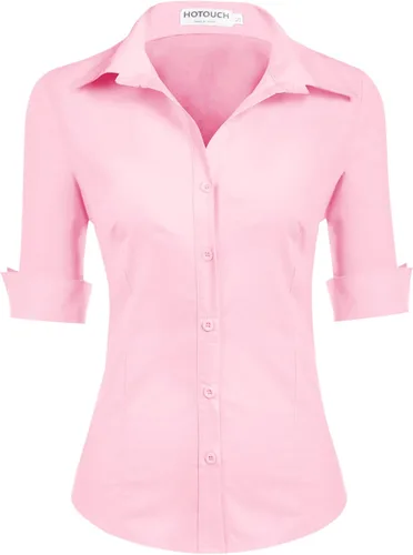 Vista 14 de HOTOUCH Camisa de manga 3/4 con botones para mujer, blusas de trabajo ajustadas, camisas de vestir de algodón, camisas de oficina