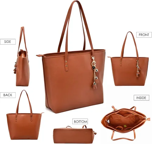 Vista 5 de Juego de 4 bolsas de mano para mujer, bolsa de hombro con asa superior, bolsa de mano, Marrón, L
