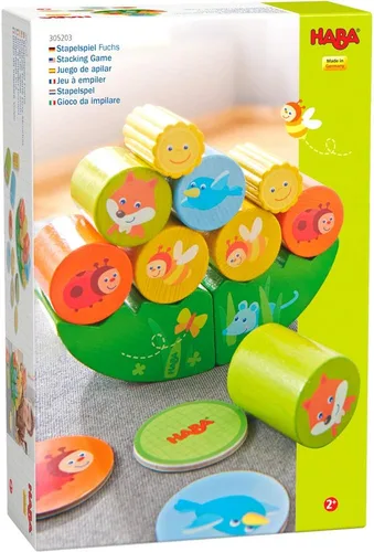Vista 4 de HABA - Juego de apilamiento Fox, juguete de madera para más de 2 años, juego de habilidades motoras con prado tambaleante y 10 piedras apilables