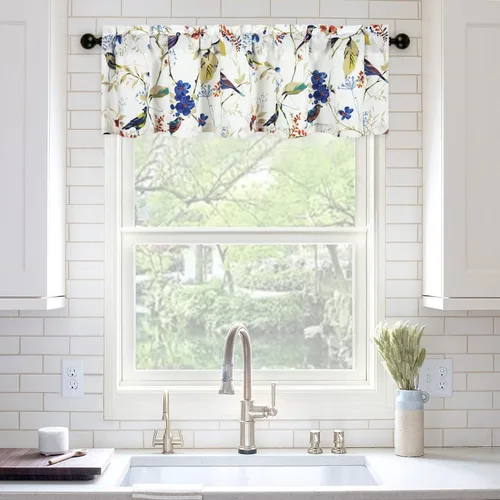 Vista 22 de VOGOL Cenefa de pájaro y bayas, decoración clásica de ventana de campo americano con estampado botánico, cortina de bolsillo para barra fácil