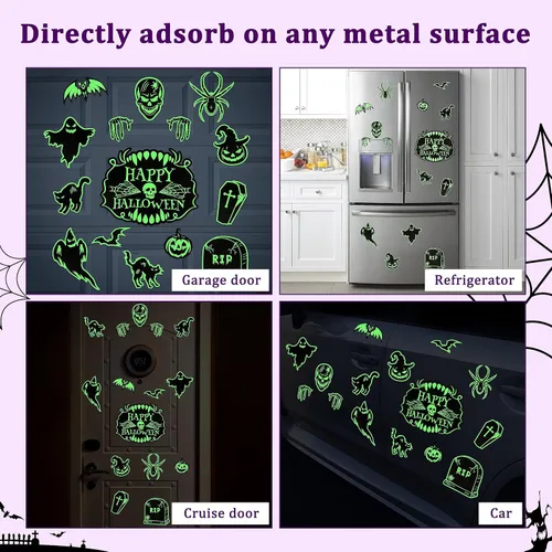 Vista 3 de 90shine Imanes de decoración de puerta de garaje de Halloween: murciélagos magnéticos que brillan en la oscuridad, lápida, fantasma, calabaza, feliz