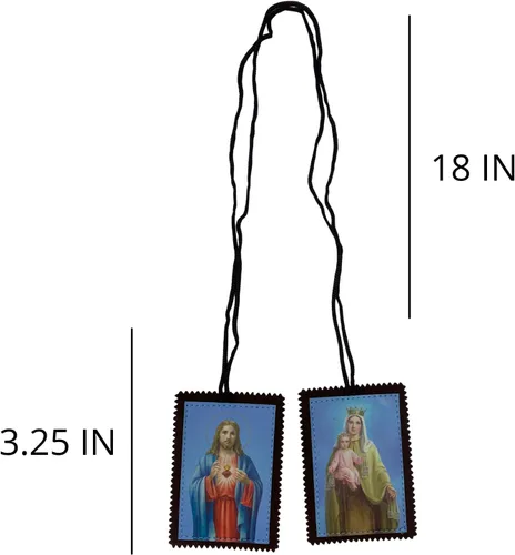 Vista 2 de Our Lady of Mt. Carmel and Sagred Heart - Collar católico de escápulos gigantes católicos para hombres y mujeres con bordes festoneados, paneles